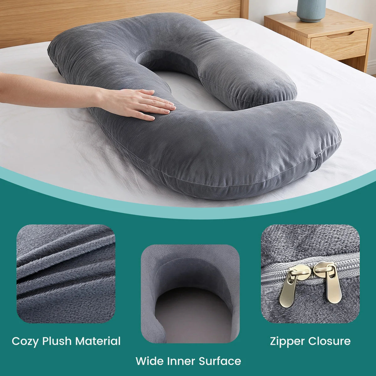 coussin maternité velours doux gris confortable fermeture zip side sleeping allaitement body support lit