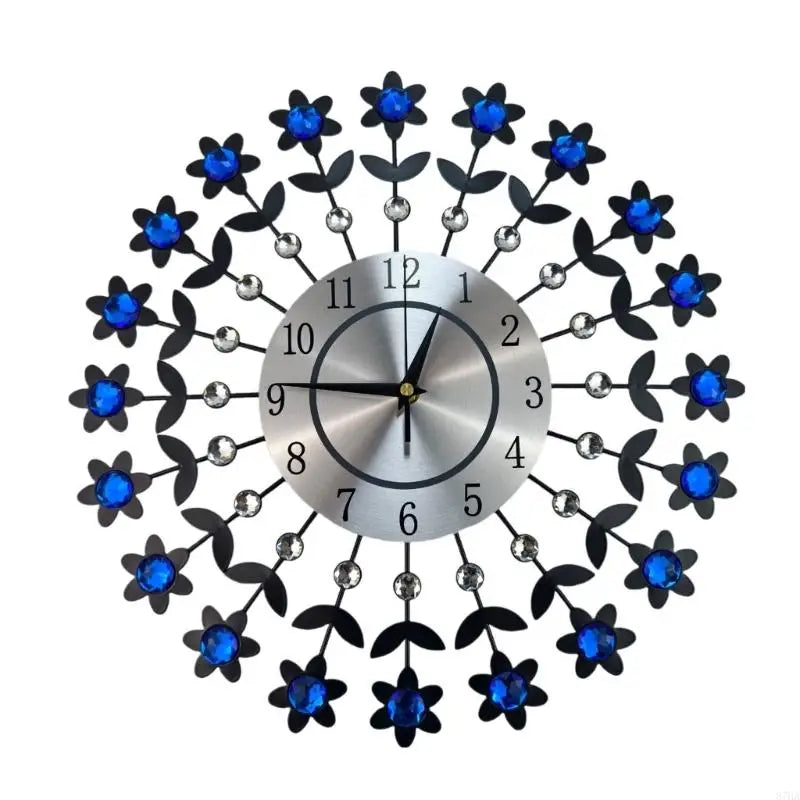 horloge murale moderne fleurs bleues noir argent acrylique métal opaquet fixée sans tic tac