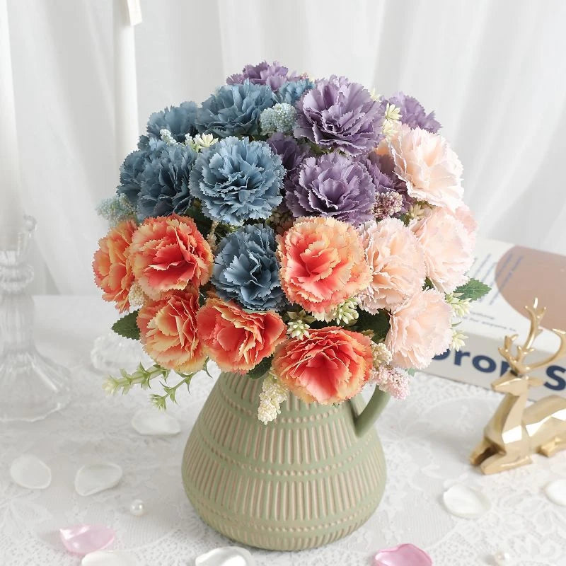 Bouquet artificiel coquelicot feuilles vertes mariage décoration intérieure vase bleu rose orange blanc vert