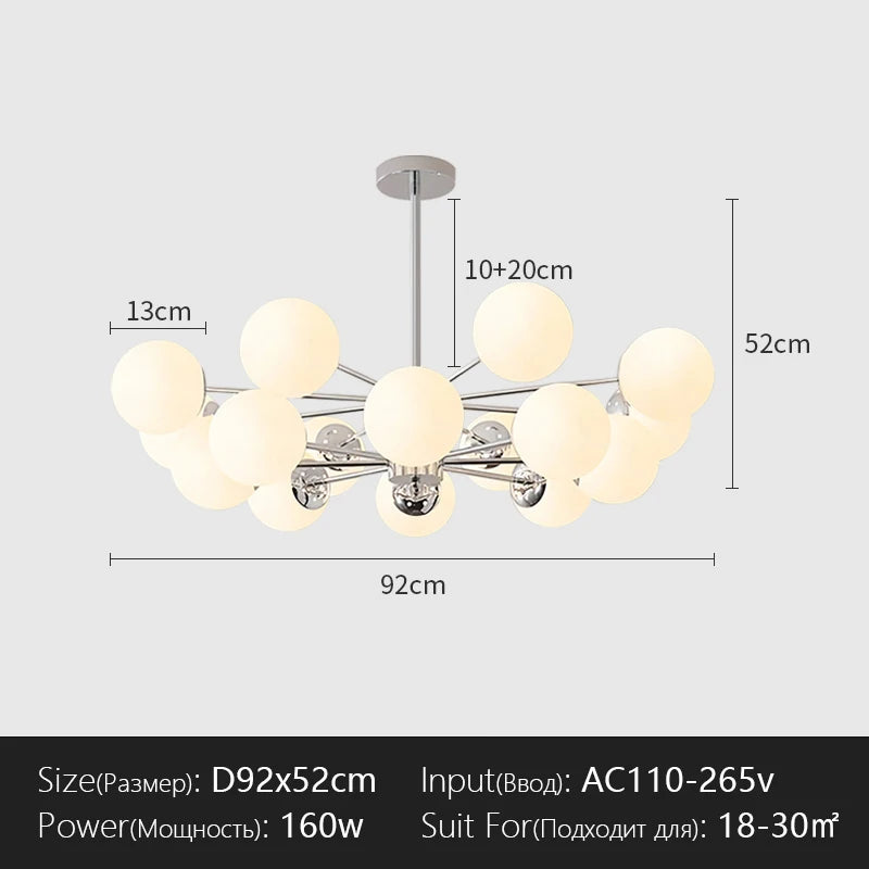 lampe suspendue moderne sphères translucides 95cm blanc chrome(touches on off)