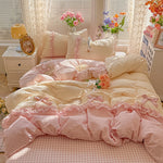 ensemble literie rose vichy doux franges romantique taies oreillers couvre lit