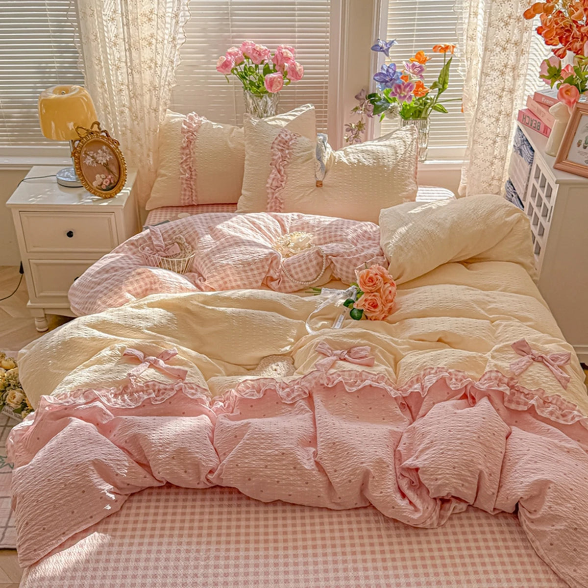 ensemble literie rose vichy doux franges romantique taies oreillers couvre lit