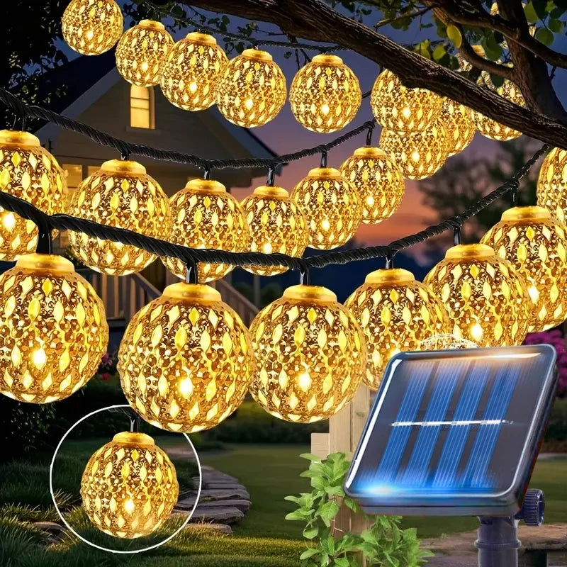guirlande lumineuse solaire or noir 50 led modes moderne perforée géométrique festive extérieure