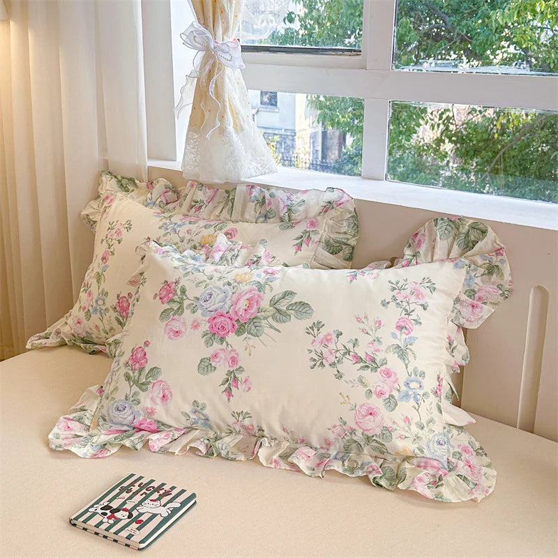 taies d'oreiller coton fleur vintage rose bleu beige romantique 48x74cm