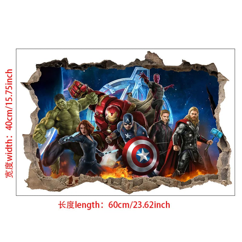 sticker mural 3d super héros hulk iron man captain america thor rouge bleu vert