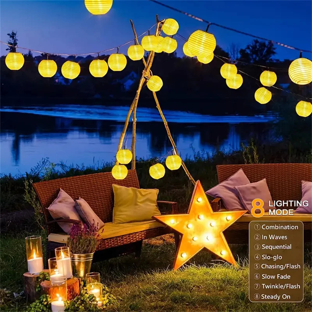guirlande lumineuse solaire 30 led jaune lanternes sphériques motif strié ambiance japonaise festiveextérieur