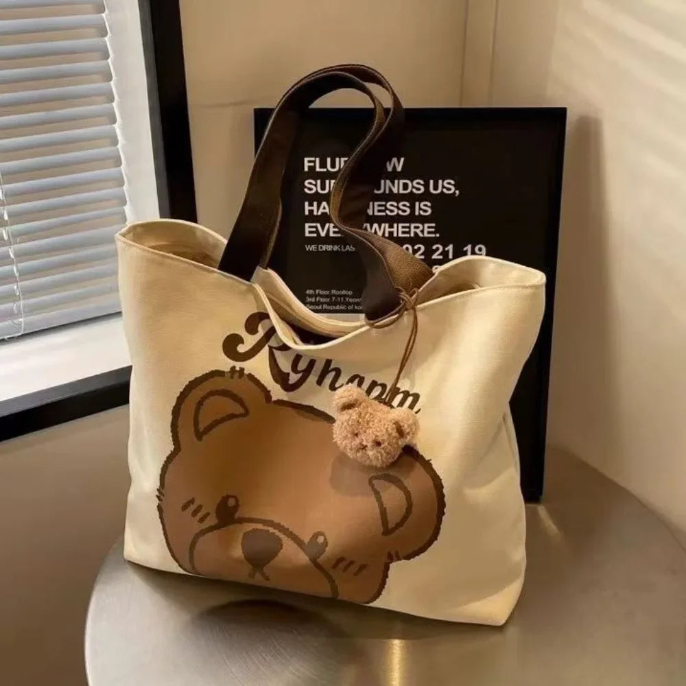 sac main toile ours mignons dessins modernes poignées détachables ours peluche beige
