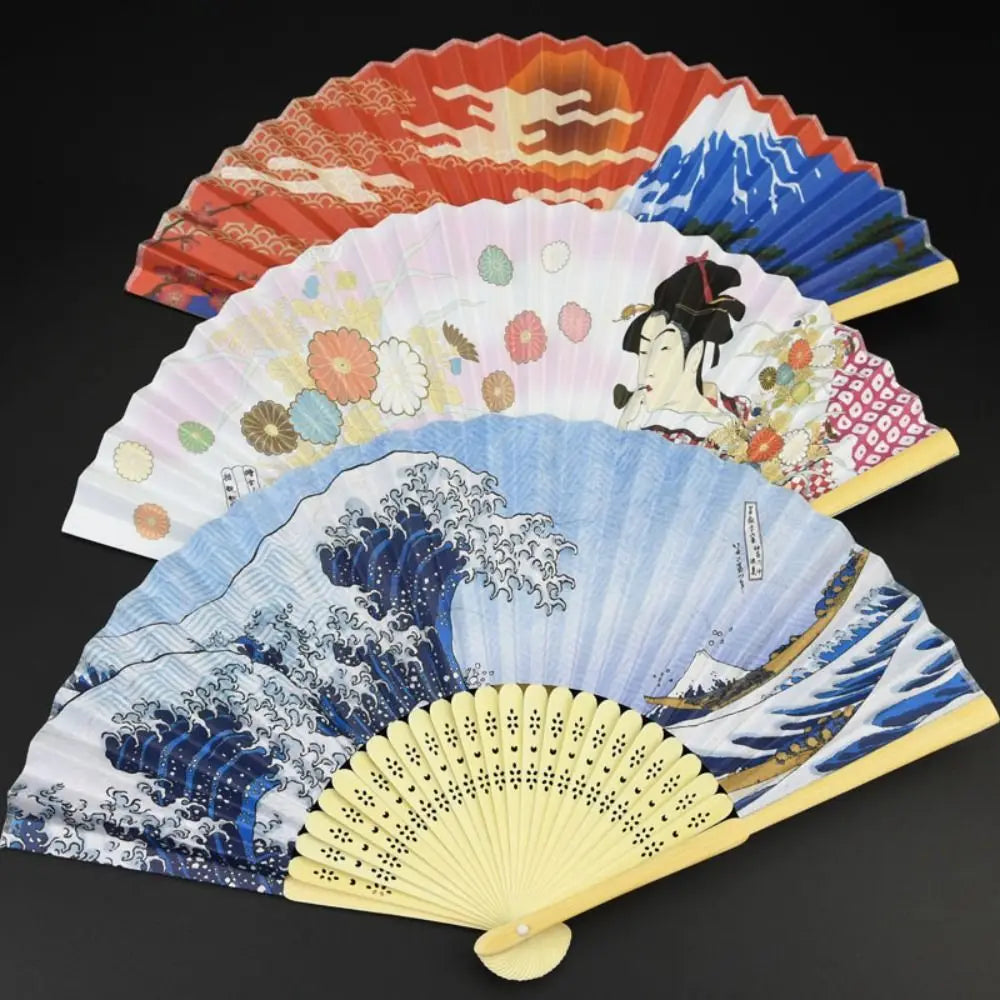 ventilateur pliant éventail traditionnel art japonais paysages fleurs rouge blanc bleu