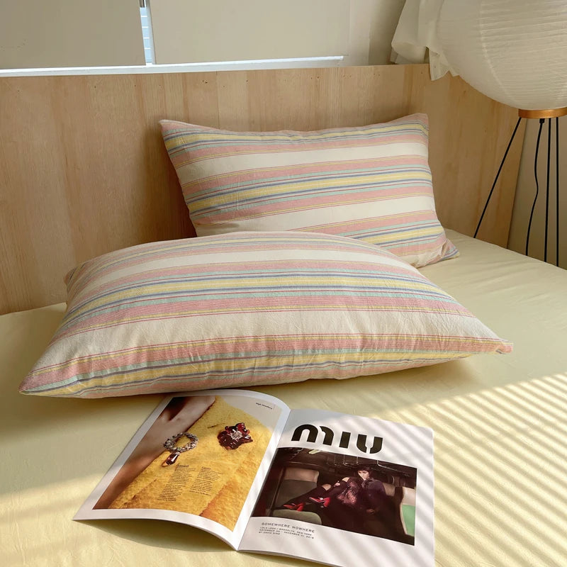 lot taies d'oreiller coton rayures rose clair modernes minimalistes douces lit maison