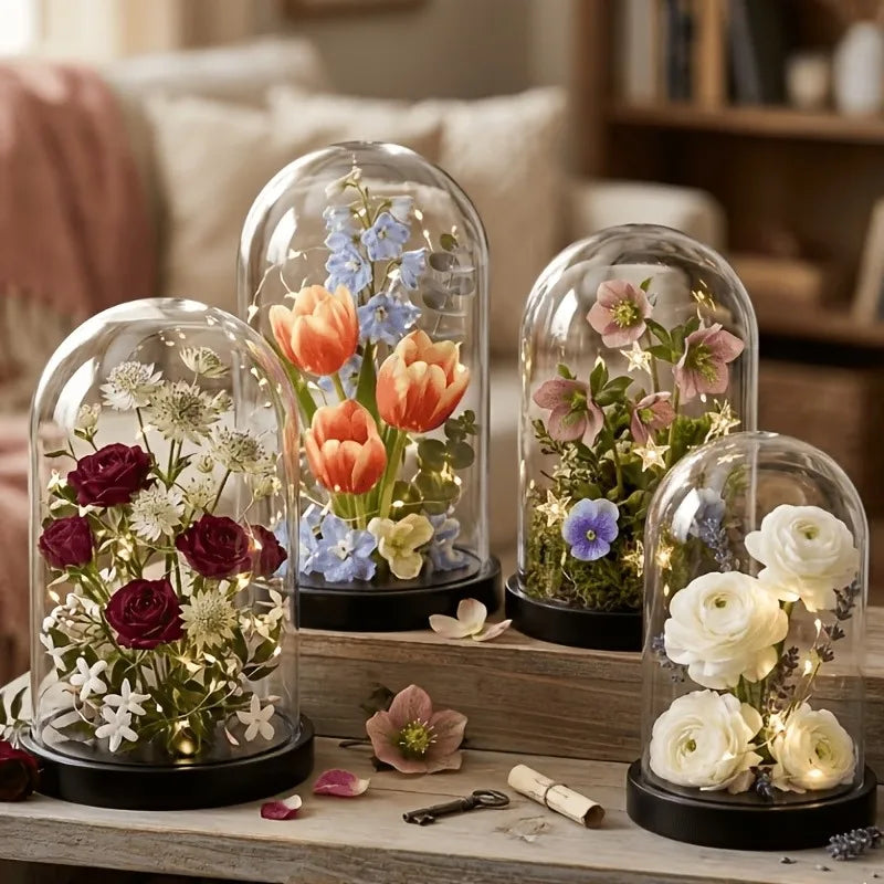 cloches verre transparentes modernes fleurs artificielles base noire lumière led decoration intérieure 10cm 6.5cm