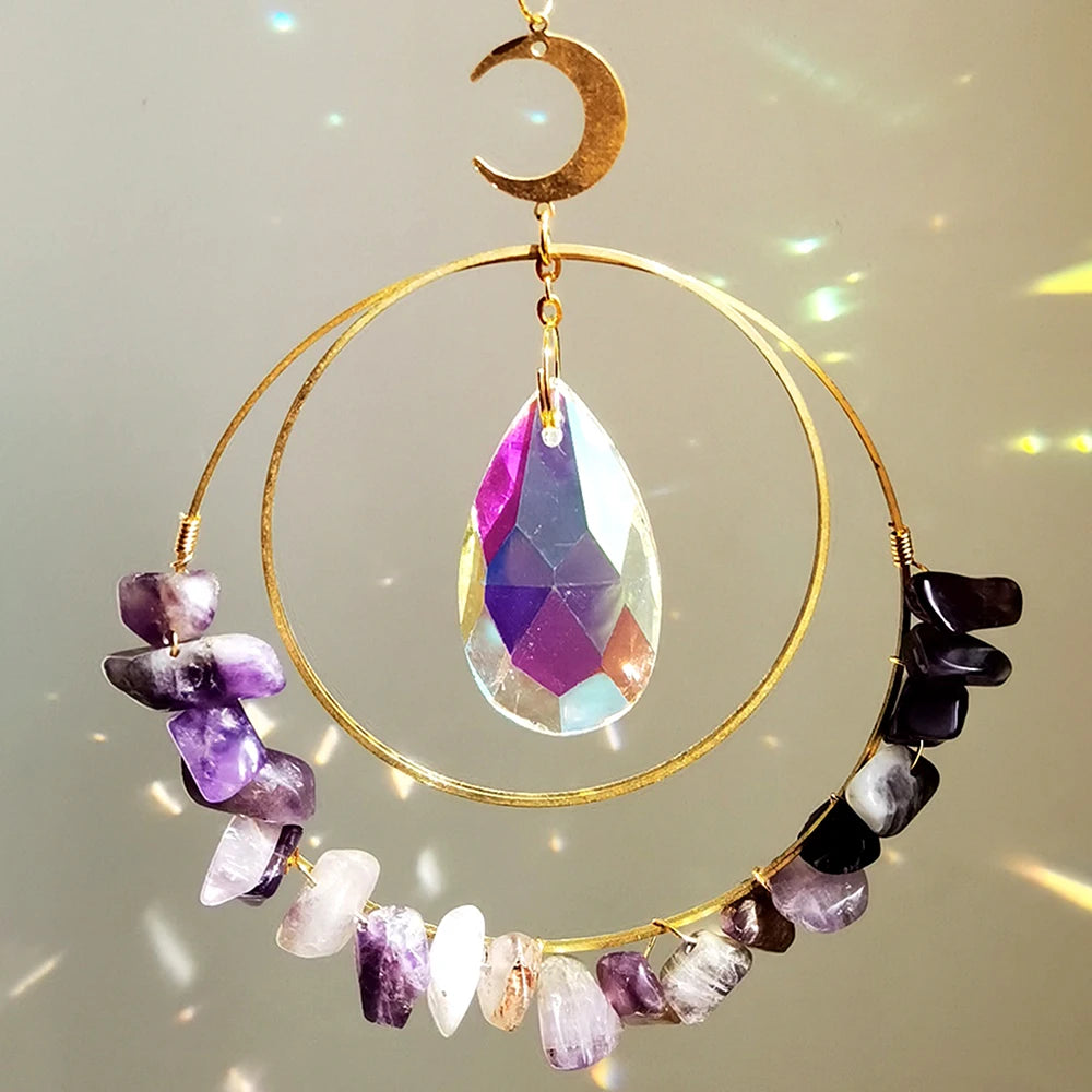 suncatcher ornement boho chic semi précieuses cristal violet blanc doré pendaison
