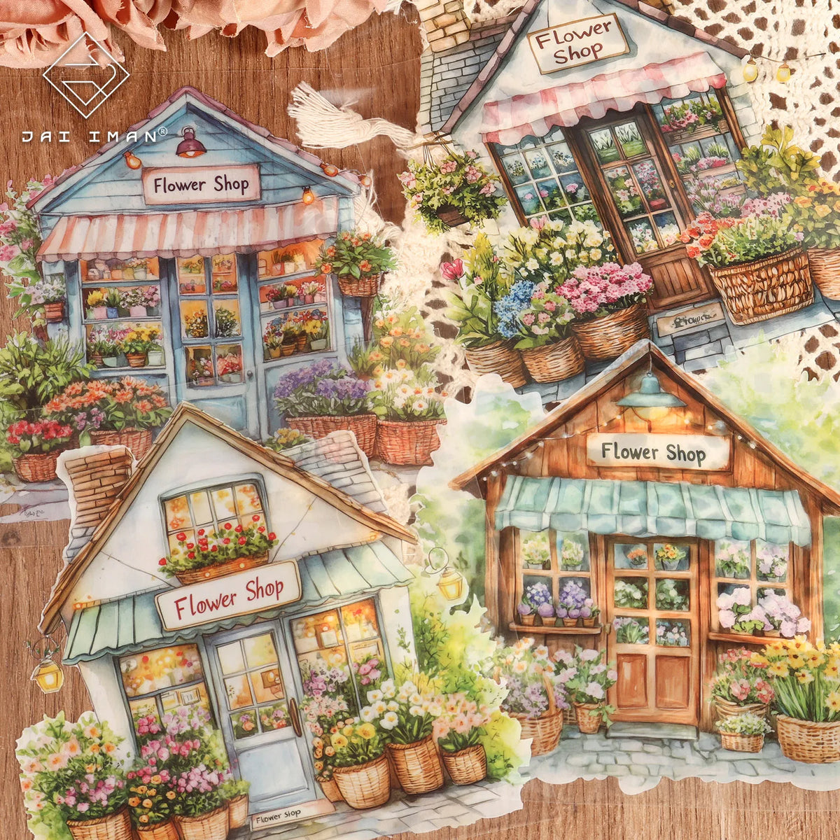 autocollants muraux motifs maisons fleurs détaillés couleurs marron bleu vert rose jaune violets opaquesscrição