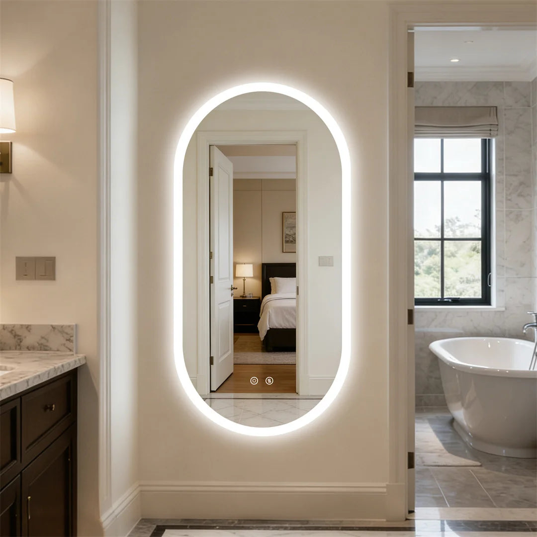 miroir lumineux ovale éclairage led moderne anti buée blanc beige gris