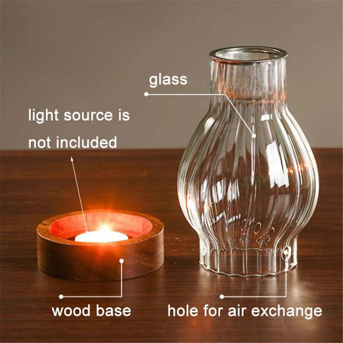 lampe poser moderne transparent base bois brun doré ridées minimalistes