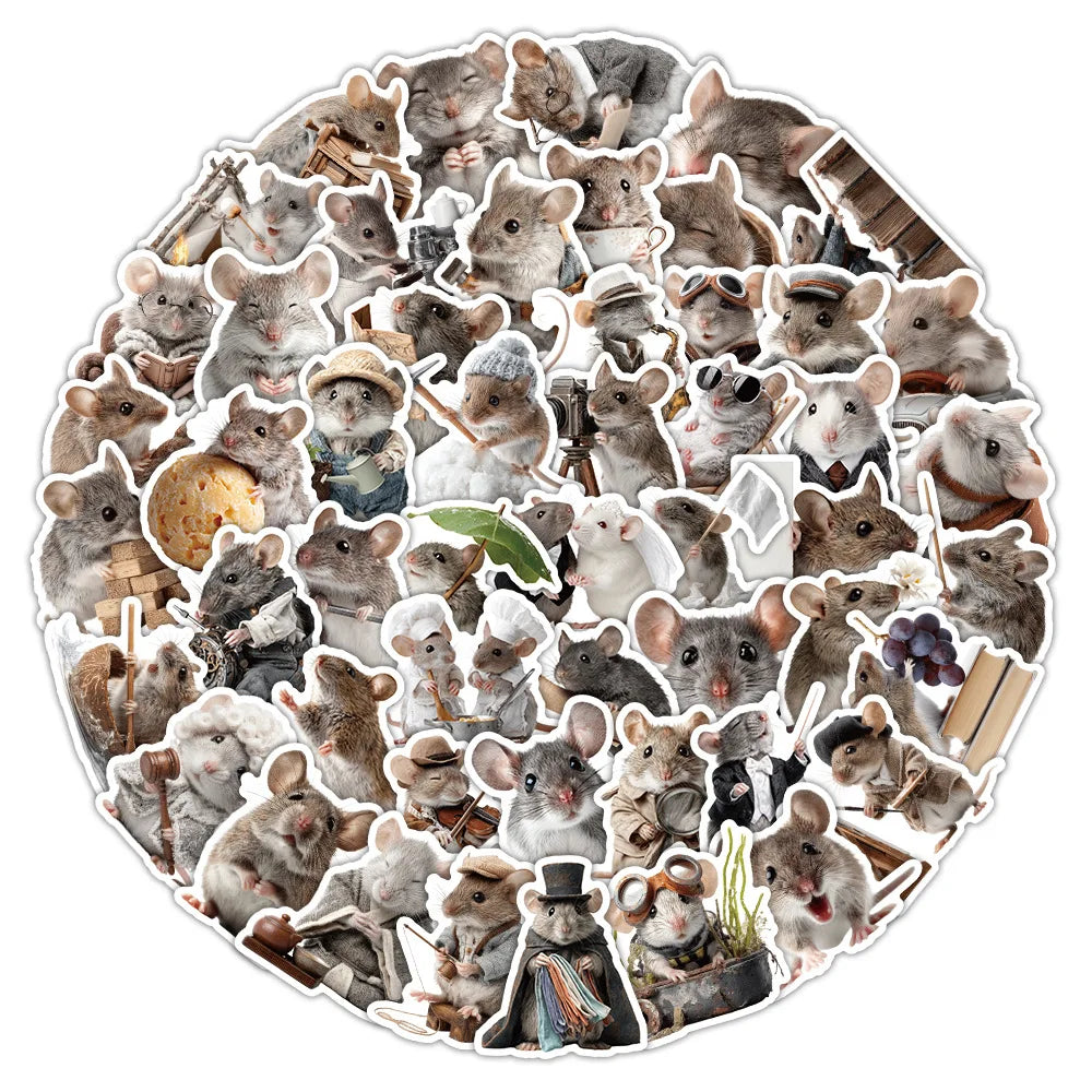 autocollants souris poses vêtements objets divers illustration adhésif gris beige blanc marron vert bleu