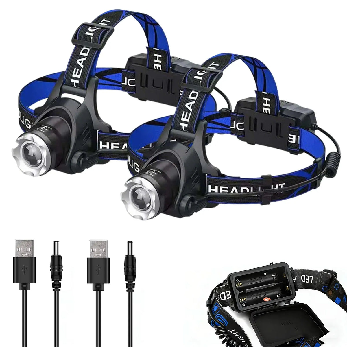 lampe frontale led rechargeable étanche haute luminosité zoomable noir bleu moderne