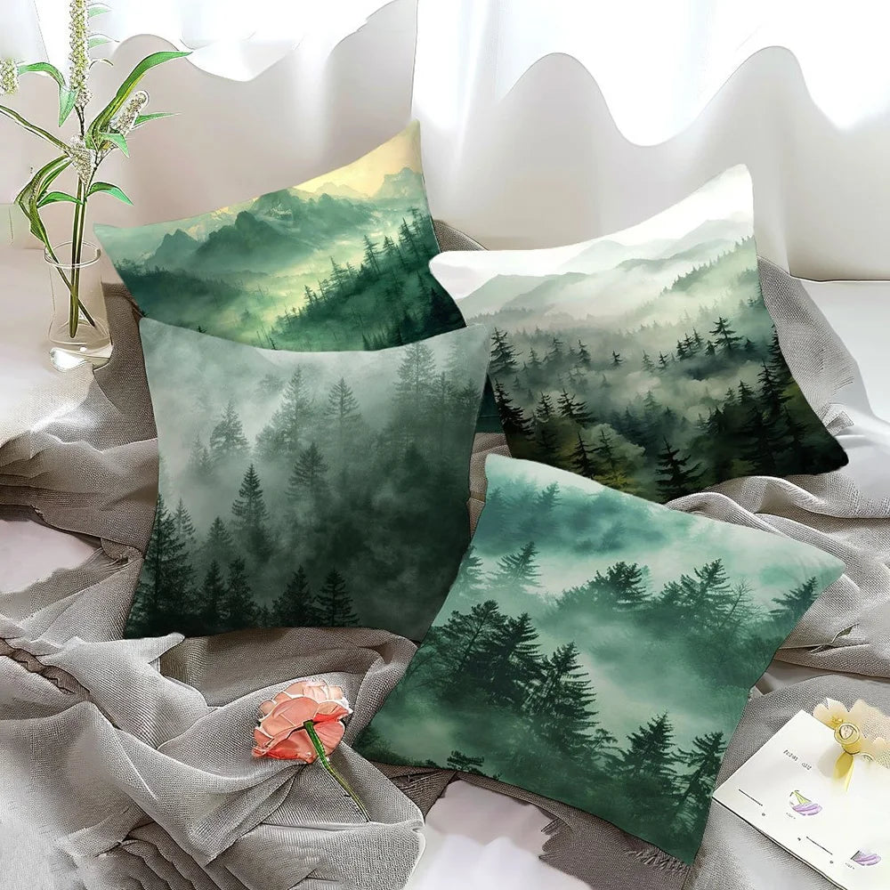 taies d'oreiller imprimées forêt brumeuse polyester peacheskin 40x40cm 45x45cm 50x50cm 60x60cm zip closure naturel