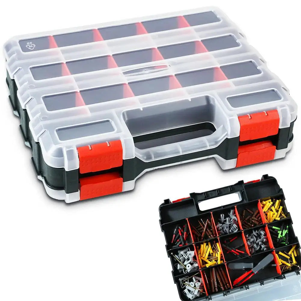 boîte outils transparente moderne poignées vis tournevis pinces clous compartiments organisateur