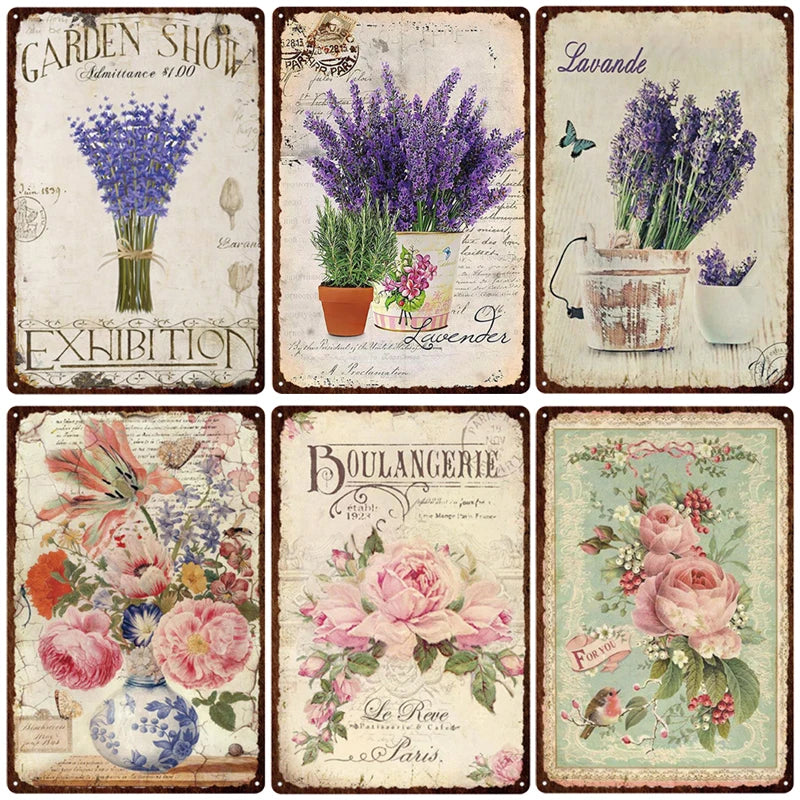 plaque décorative métal fleurs papillons vintage 20x30cm or beige blanc bleu rose violet vert
