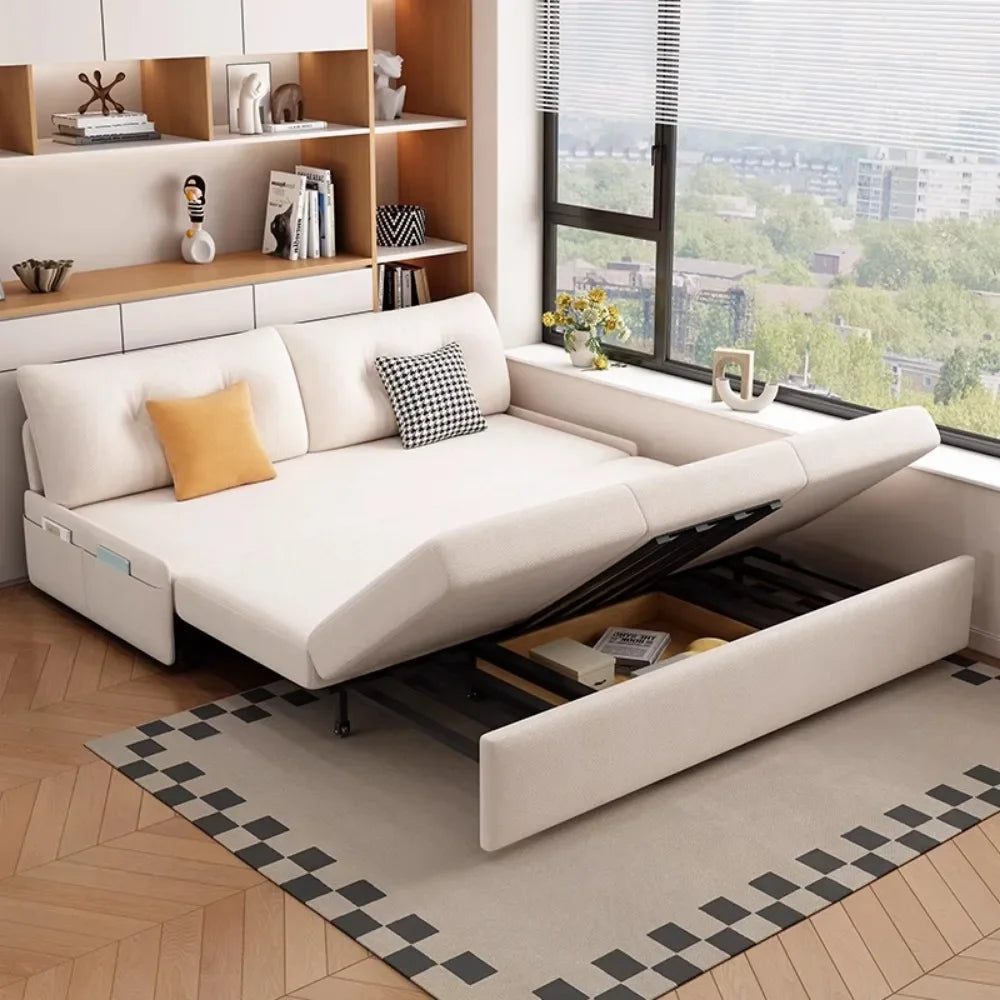 canapé lit moderne bois tissu composite couleur beige clair coussins minimaliste salon