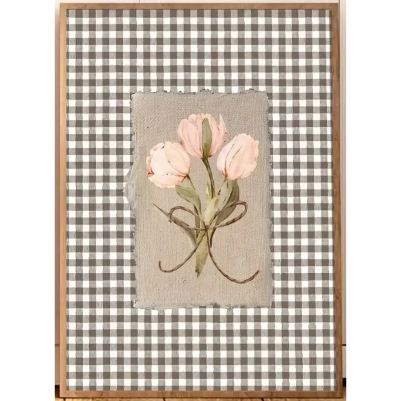 cadre mural rustique vintage toile carreaux beige gris simple décoration mur fleurs classique