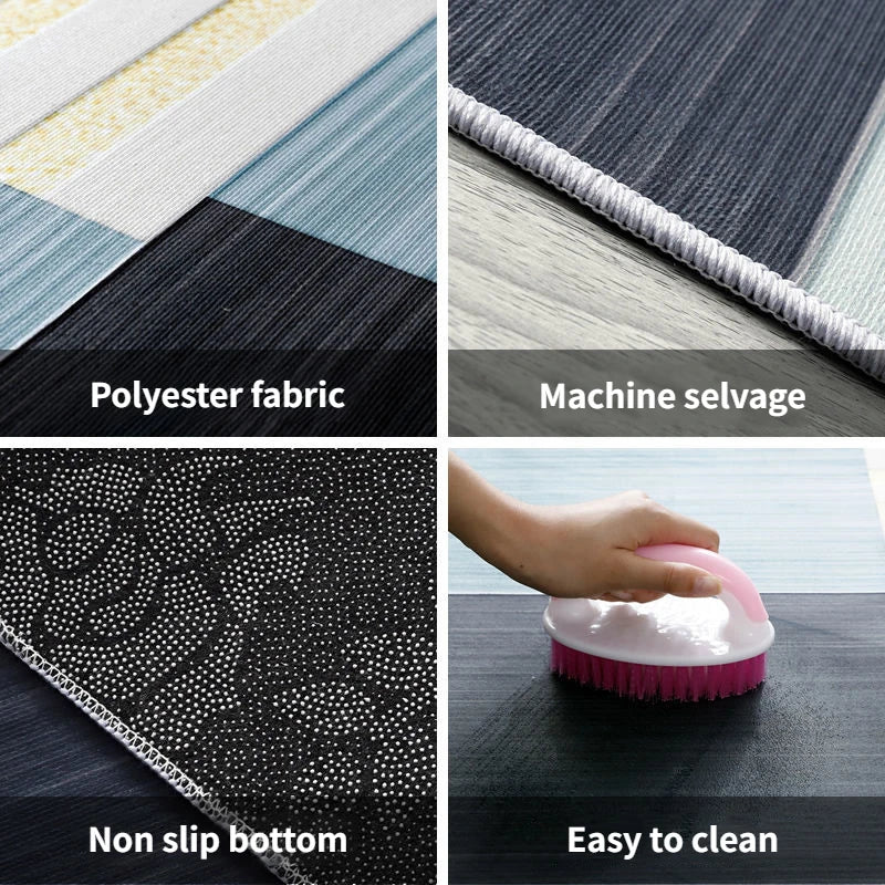 Cette image présente les principales caractéristiques d'un tapis de bain moderne et durable, notamment le tissu en polyester, le bord de finition par machine, la surface antidérapante et la facilité d'entretien.