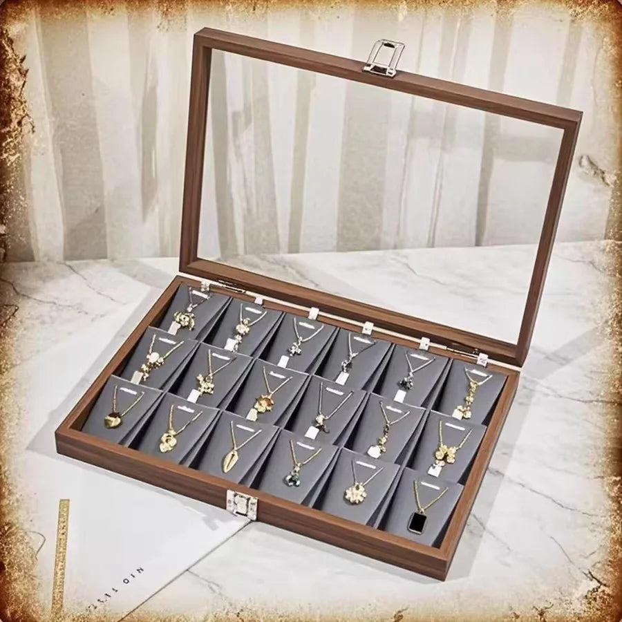 boîte bijoux grande capacité bois foncé motifs classiques modernes transparentes clips pendentifs étui rangement