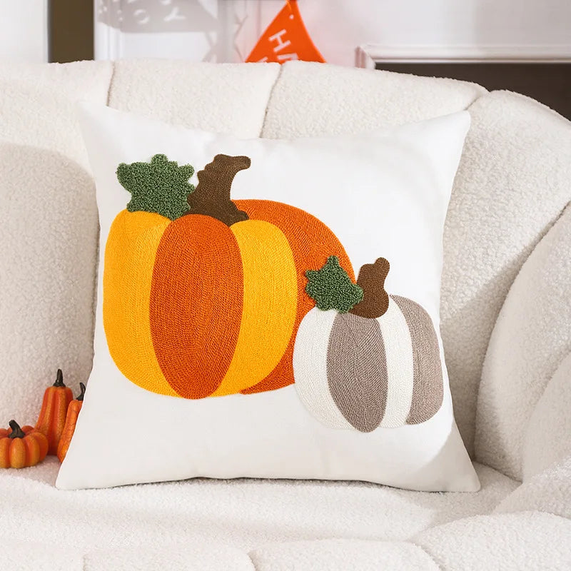 coussin carré halloween citrouilles feuilles deco moderne blanc opacité jacquard polyester fixations