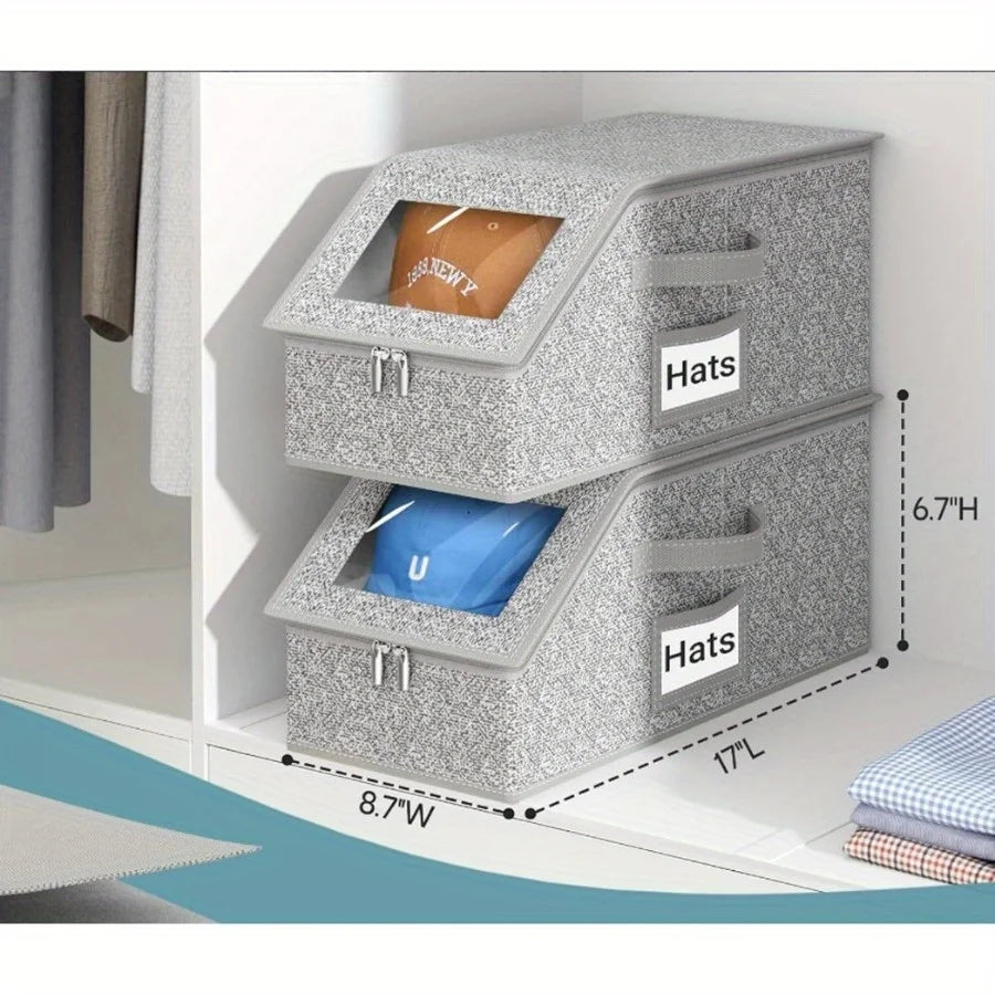 boîte rangement chapeaux gris tissu moderne fenêtre transparente anti poussière pratique réutilisable organisateur chapeaux