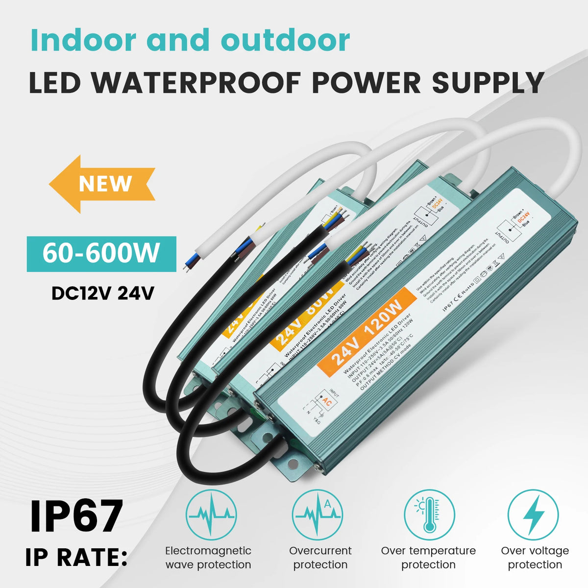 alimentation led étanche transformateur extérieur aluminium gris pilote dc 12v 24v éclairage
