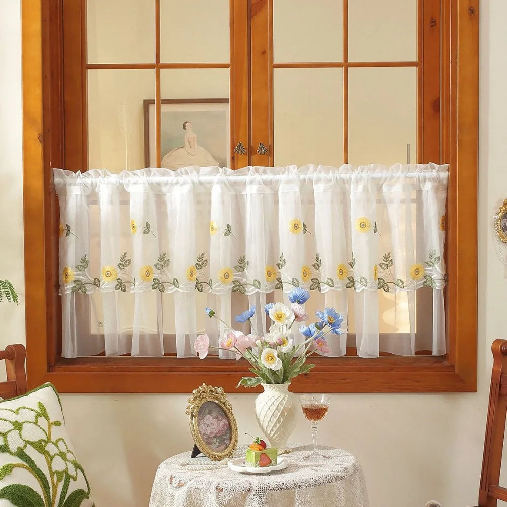 rideau brodé fleurs papillons bleu clair blanc transparent classique polyester
