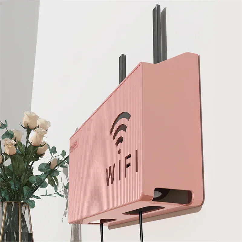 support mural routeur wifi gris rose bleu rayures horizontales moderne salon