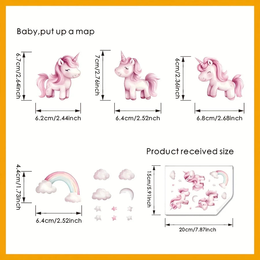 stickers muraux licorne nuages étoiles arc ciel adhésif chambre enfant rose clair brillance nuit