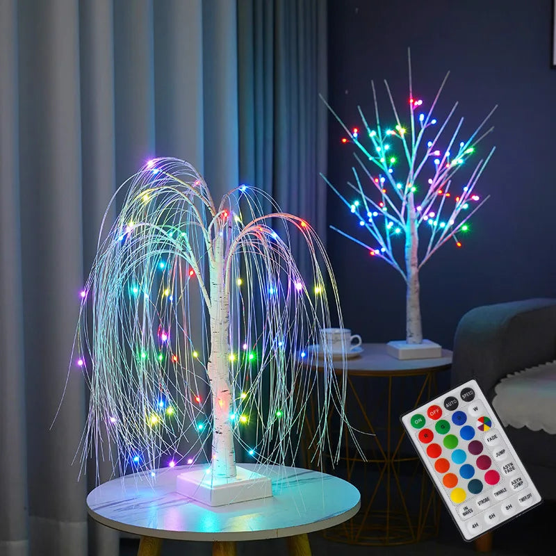 veilleuse arbre blanc fibre optique moderne base carrée tasse décorative 60cm led 16 couleurs