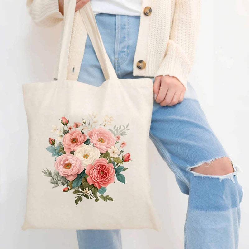 sac main toile fleurs roses blanches poignées tissu motif imprimé beige clair réutilisable respectueux