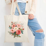 sac main toile fleurs roses blanches poignées tissu motif imprimé beige clair réutilisable respectueux