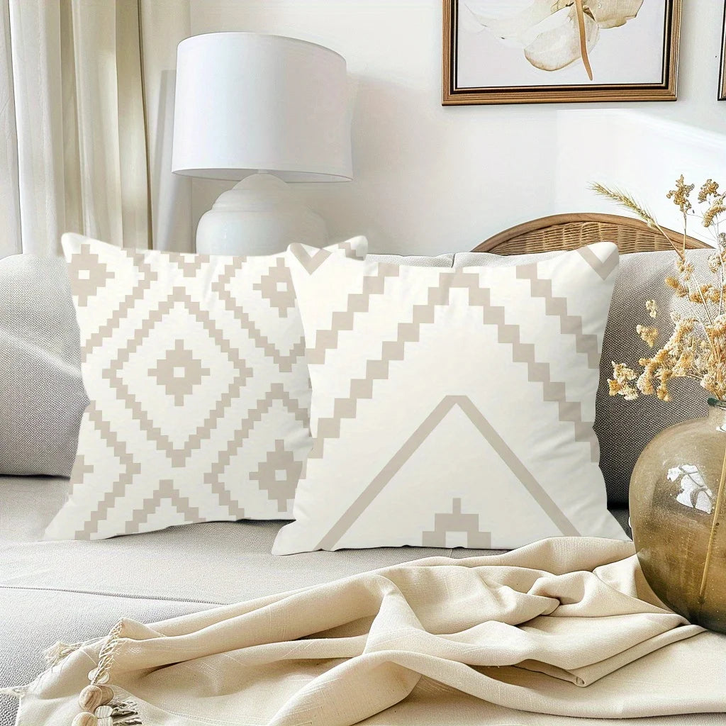 housse coussin motif géométrique moderne polyester beige blanc zipper 40x40cm chambre coucher canapé lit
