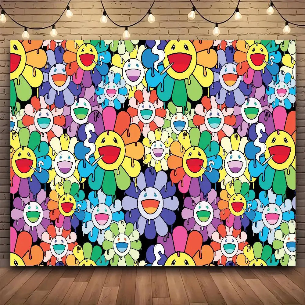 tapisserie pop art fleurs visages souriants multicolore salon chambre polyester rectangle