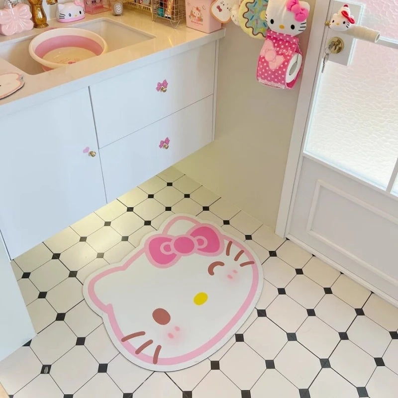 tapis sol antidérapant polyester salle bain dessin animé hello kitty arc rouge détails roses