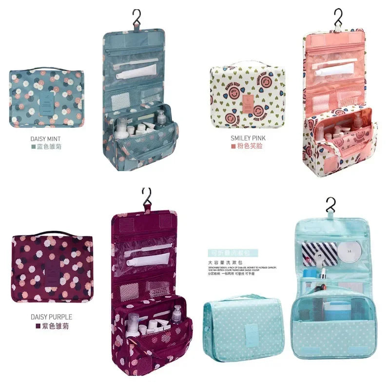 Sac toilette pliable oxford imprimé floral bleu clair motifs blancs roses bleus moderne pratique