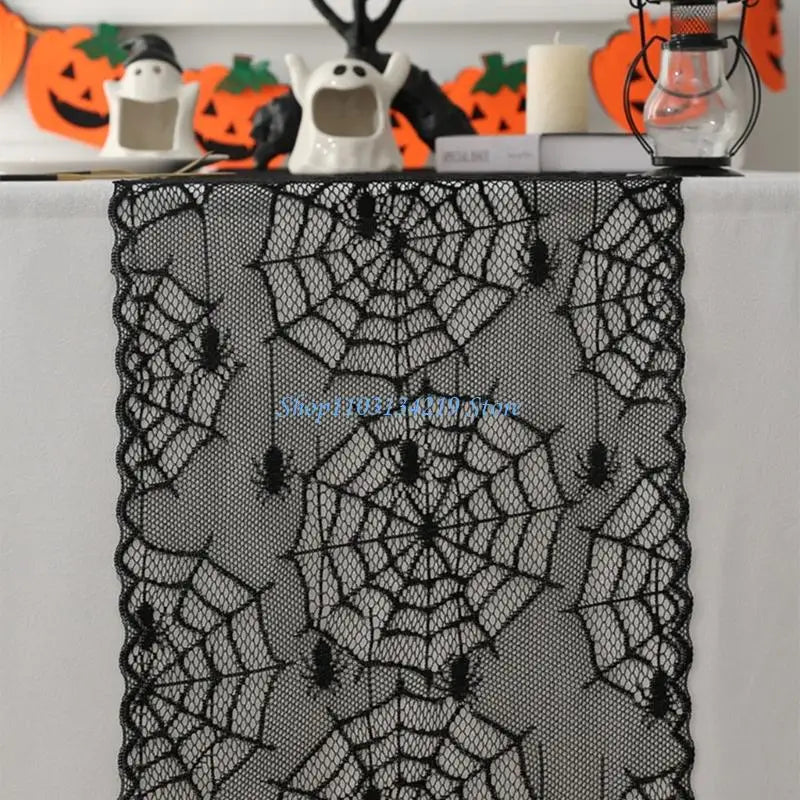 nappe halloween araignées toile dentelle noire table decoration gothique opaque 30x100cm polyester coton