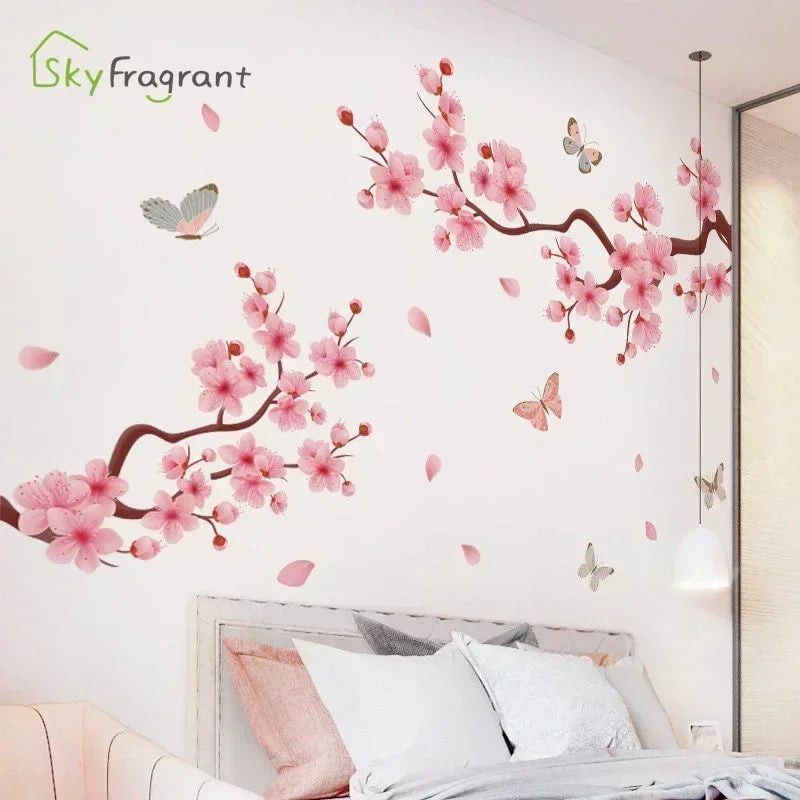 sticker mural fleurs cerisier papillons rose brun blanc adhésif moderne naturel decoration mur chambre