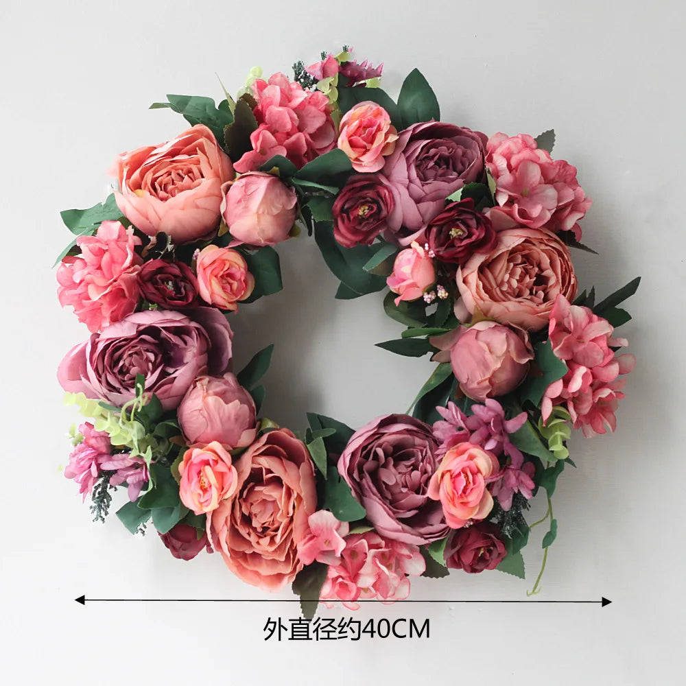 couronne florale vintage rose blanche feuilles vertes fleurs artificielles intérieur mariage table porte