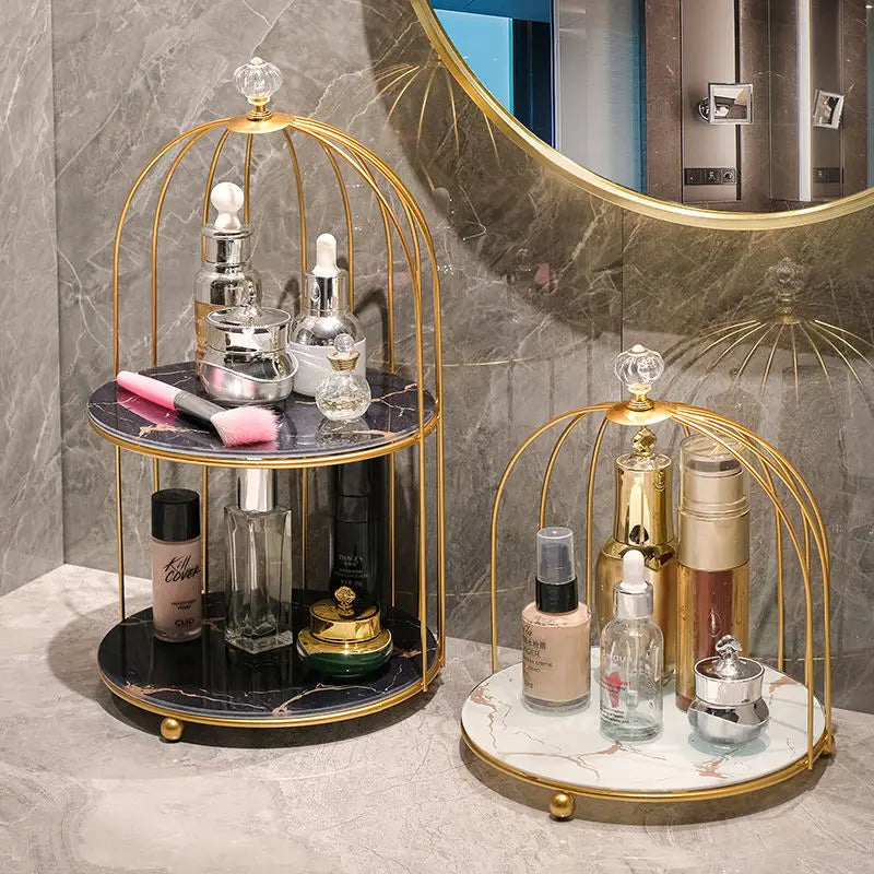 cage bijoux moderne or noir marbre élégante pinceau maquillage flacons cosmétiques diverse ornementalité respectueux
