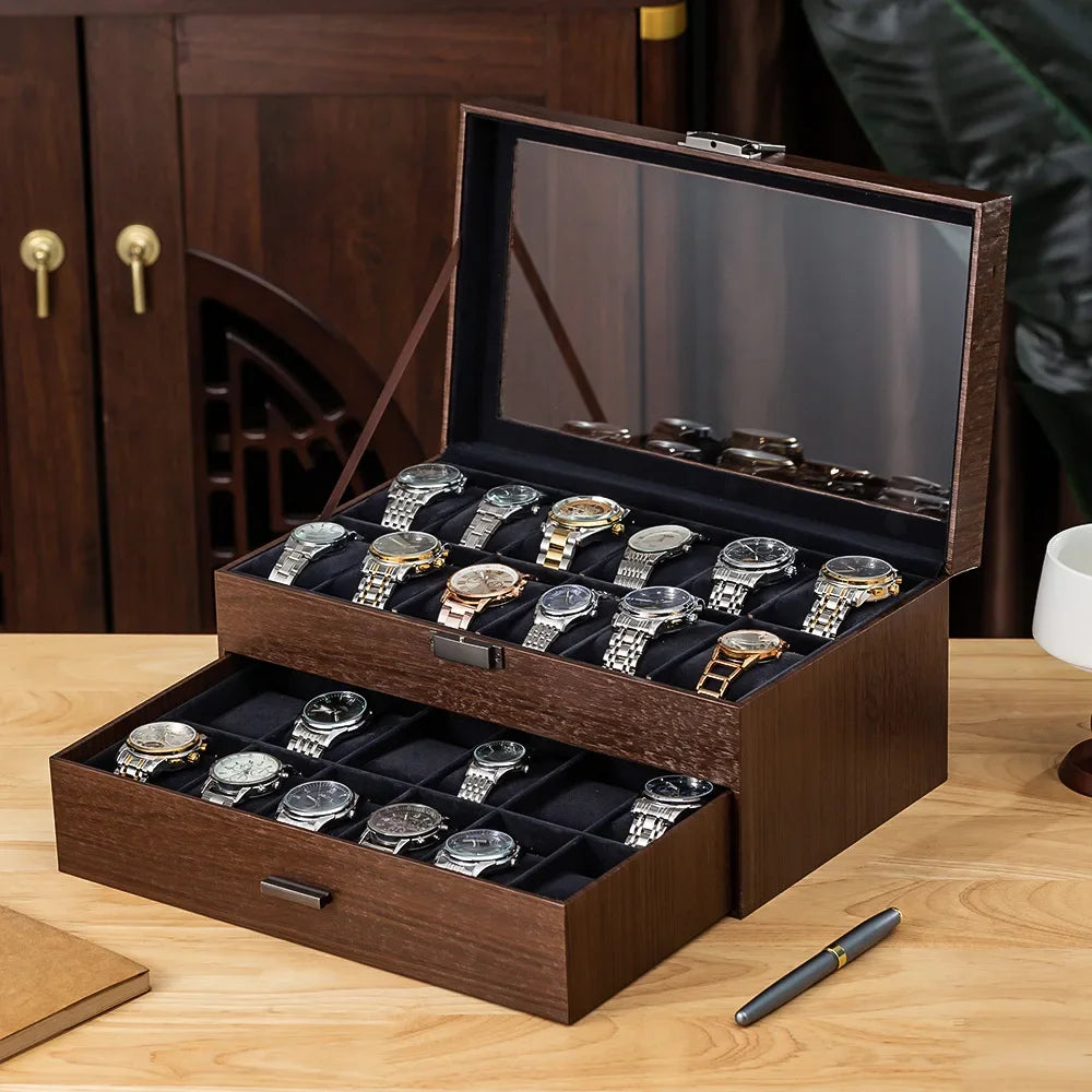 boîte montres bois foncé classique verre transparent tissu noir cadenas 12 slots watches jewelry