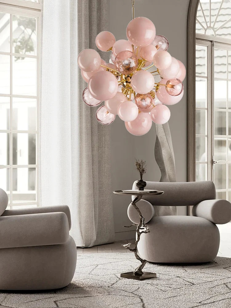 Suspension lumineuse moderne verre boules sphériques translucides vert roseclair unique chambre salon