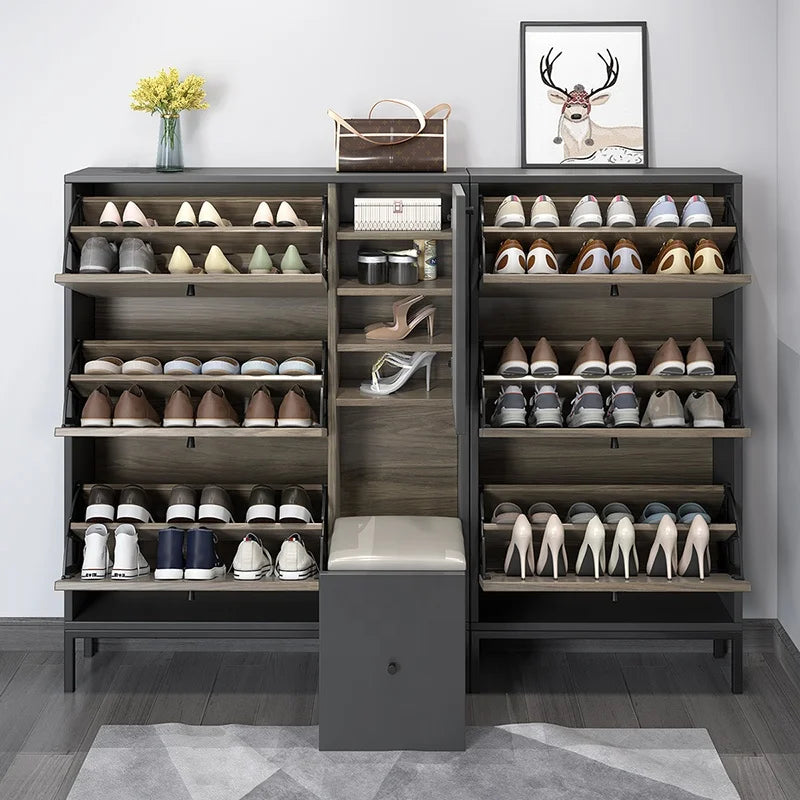 meuble chaussures banc intégré rangement étagères bois gris moderne boîte sacs accessoires chambre confortABLE