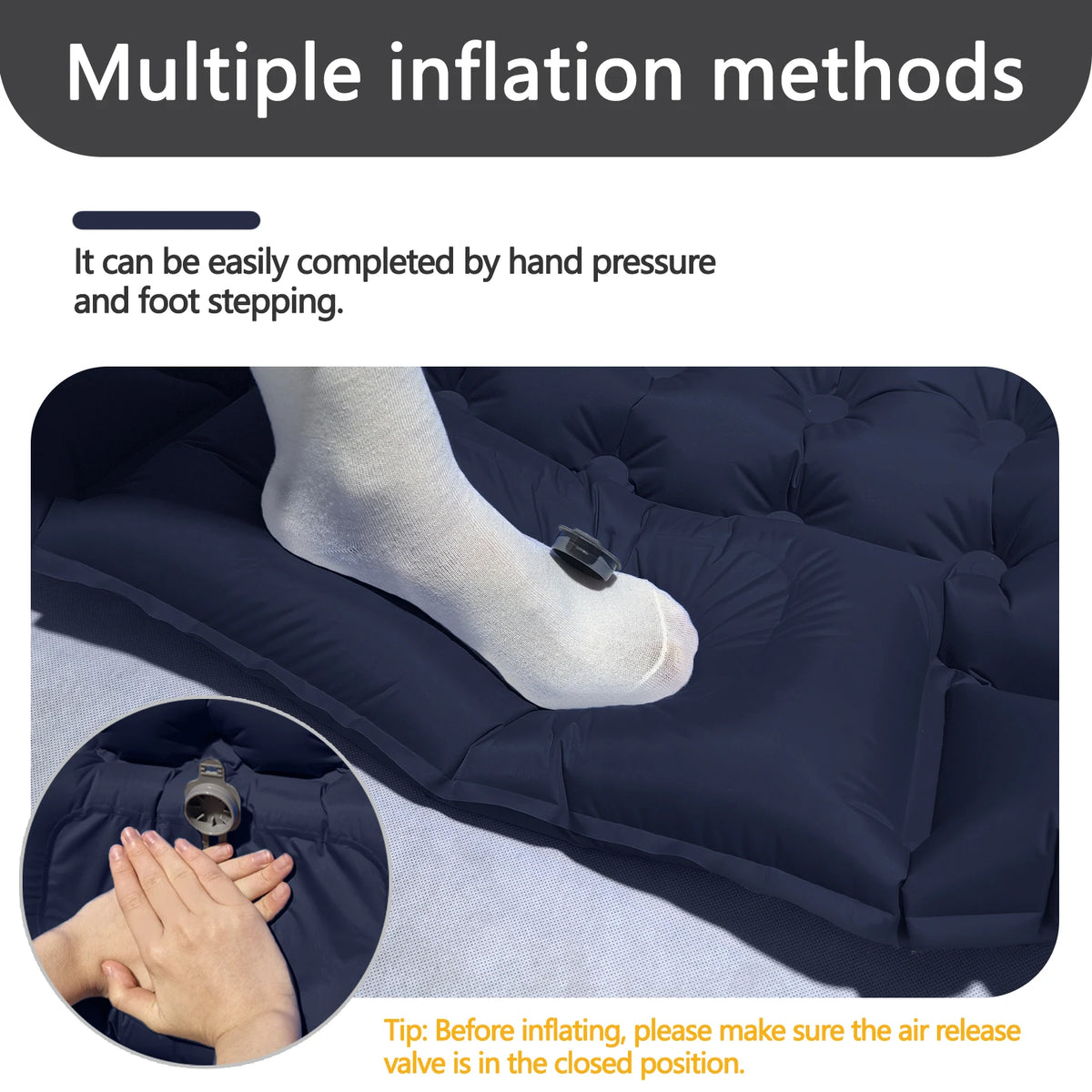 matelas gonflable bleu marine confortable texture boutons sac rangement camping plein air
