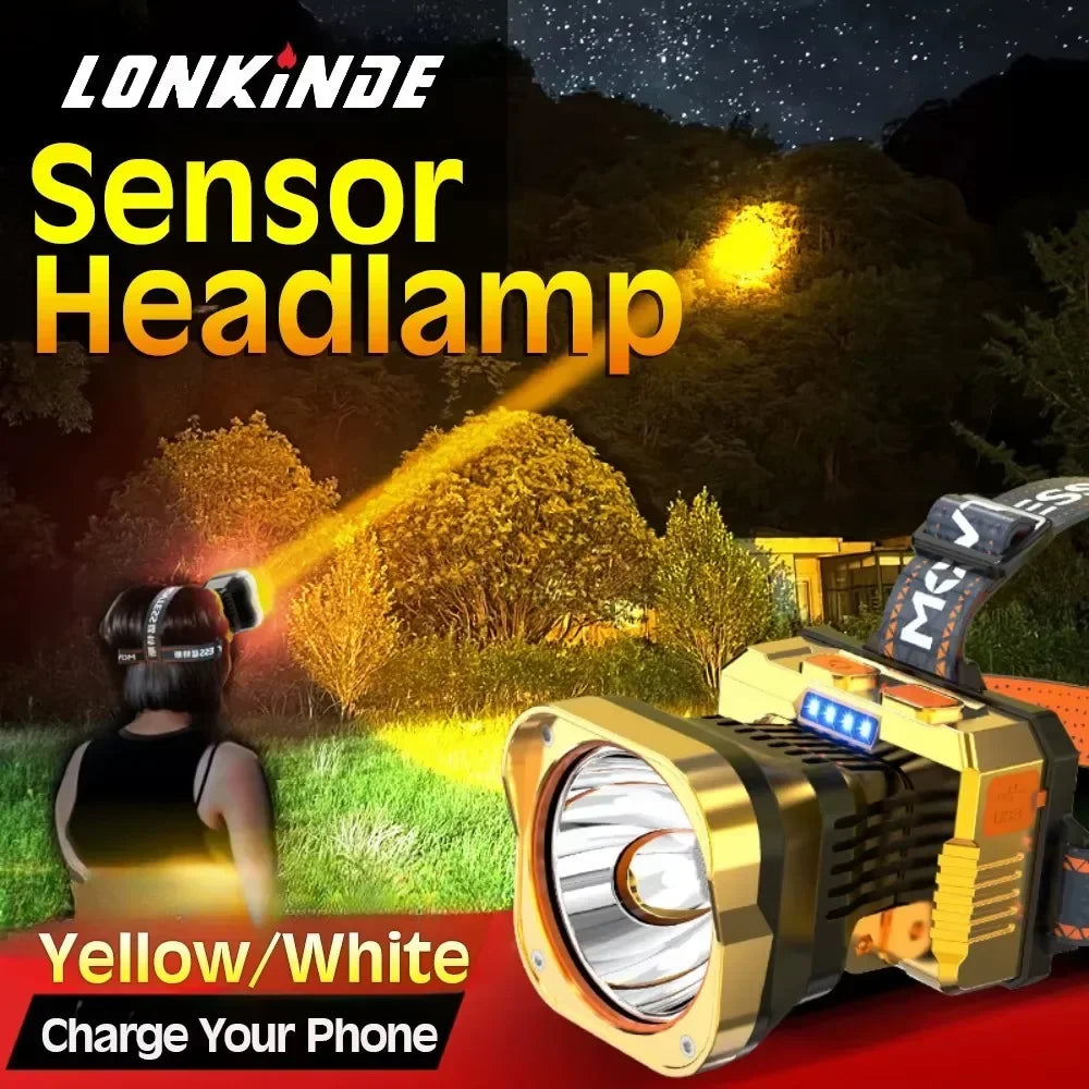 lampe frontale led étanche or blanc rechargeable usb pêche camping 500mètres clip moderne