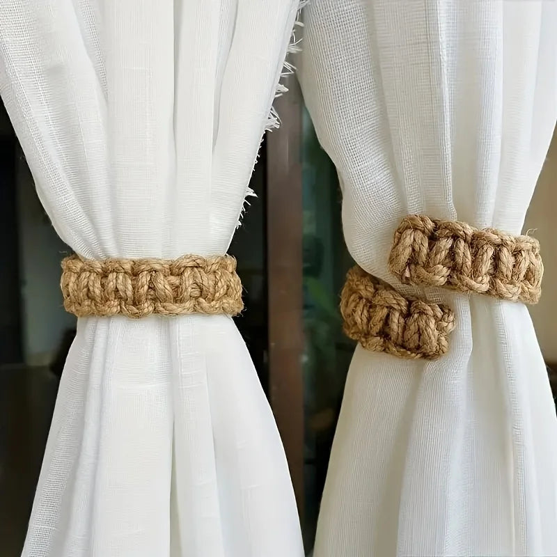 rideau clip tissé main rustique bois beige artisanal 4pcs fixe salon chambre